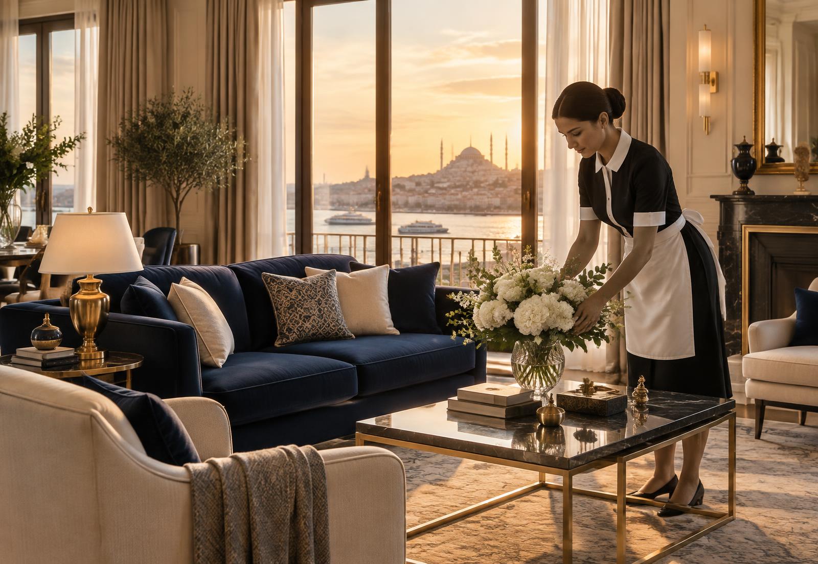 RONAQ housekeeper arranging flowers in an elegant Istanbul living room